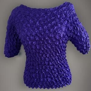 Vtg F C Purple Crinkle Pleated Stretch Top 3/4 Sleeve One Size Most Boho Chic